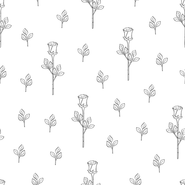 Patrón de flor de rosa sin costuras con hojas Papel de pared de fondo floral Ilustración vectorial de elementos de boceto garabateado