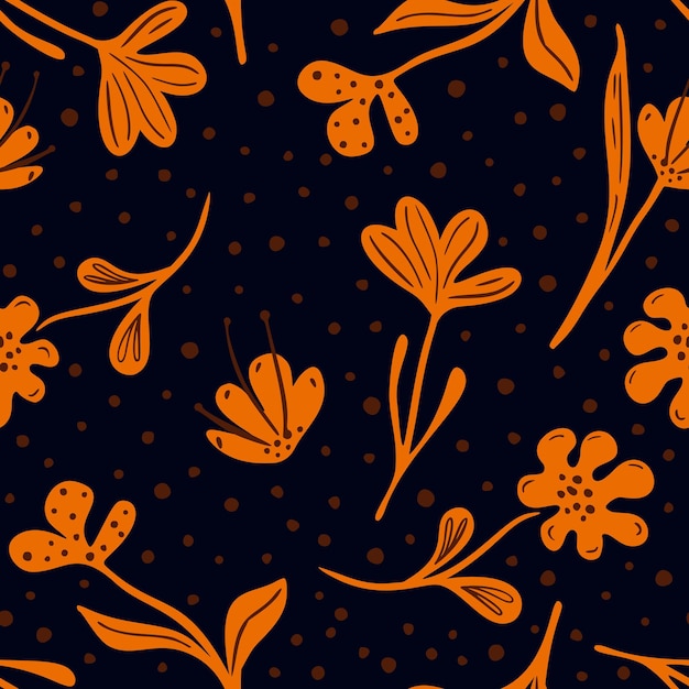 Patrón floral abstracto sin costuras sobre fondo negro Prado de flores naranjas en estilo garabato Textura de diseño repetido para la impresión de tela que envuelve el tejido de papel tapiz interior Ilustración vectorial