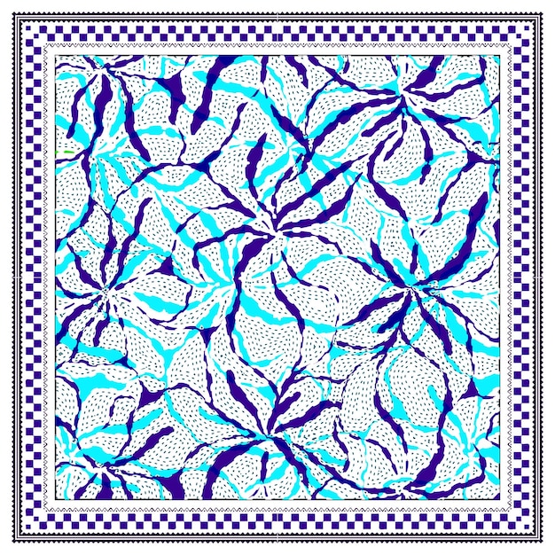 Patrón floral abstracto con formas giratorias azules y púrpuras en un marco a cuadros de fondo blanco