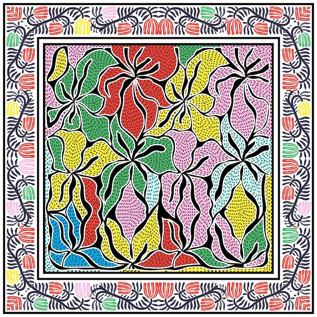 patrón floral abstracto con pétalos coloridos enmarcados acentos florales en tonos negros y pastel