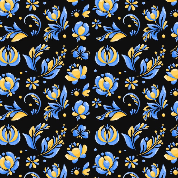 Vector patrón floral amarillo-azul estilo popular ucraniano