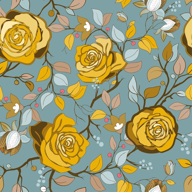 Patrón floral amarillo y azul Fondo de pantalla de vector con rosas de gran ilustración Rosas dibujadas a mano