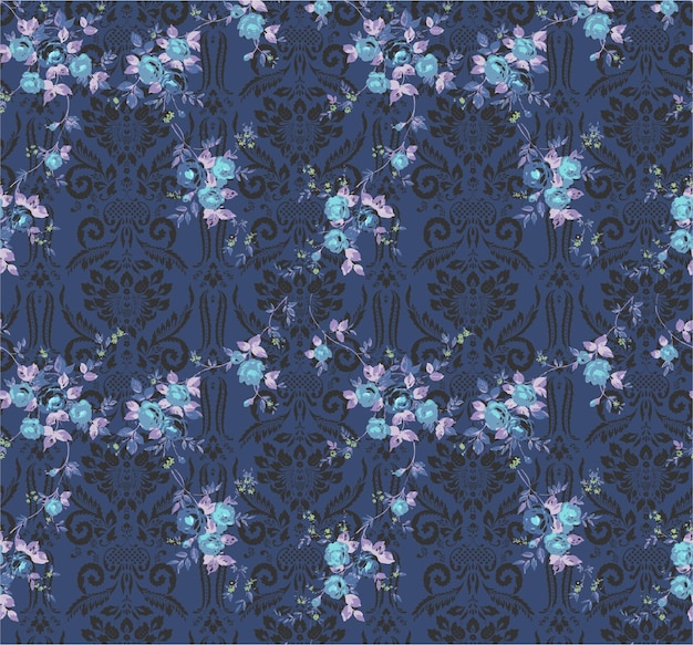 Un patrón floral azul con flores y hojas.