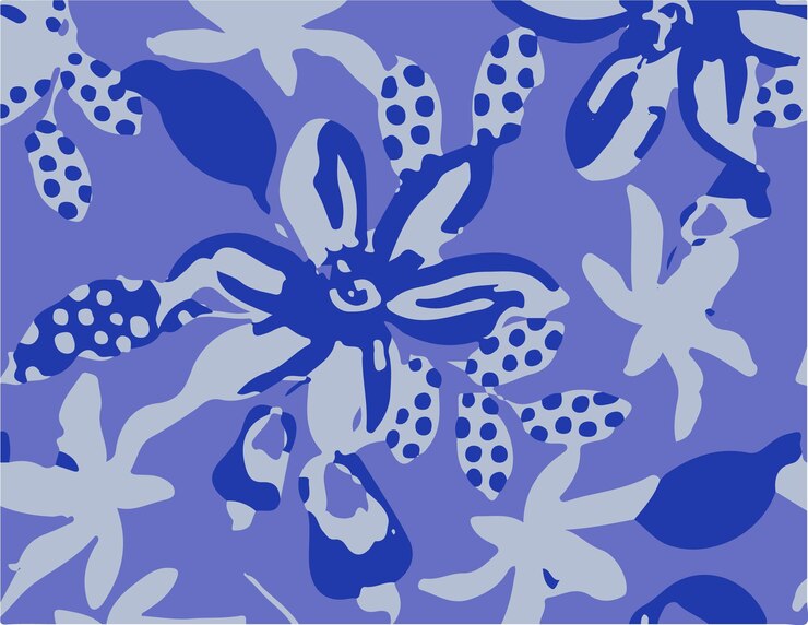 un patrón floral azul con flores púrpuras y mariposas