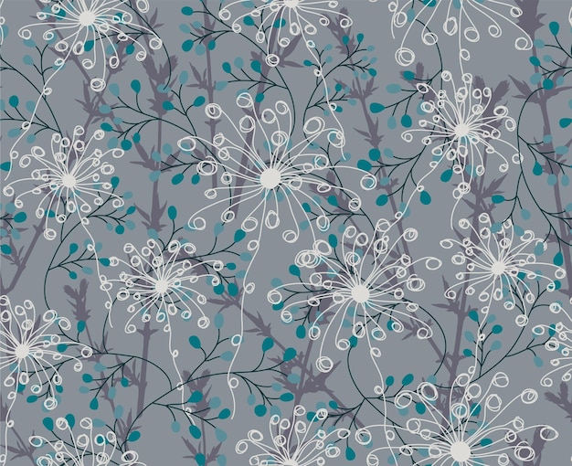Un patrón floral azul y gris con hojas y flores intrincadas