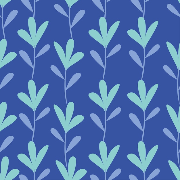 un patrón floral azul con hojas verdes en un fondo azul