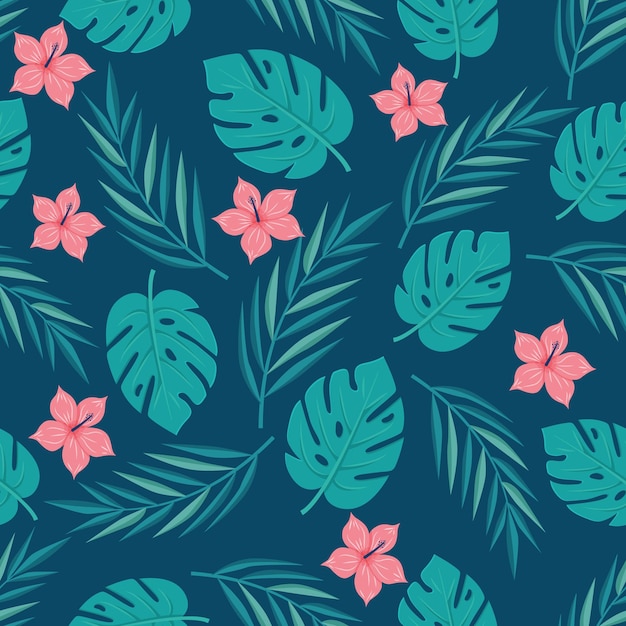 Un patrón floral azul y rosa con hojas verdes y flores rosadas