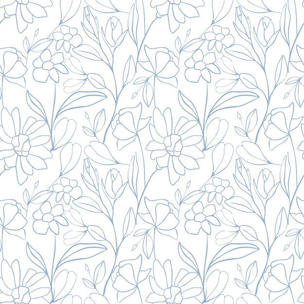 Patrón floral azul silueta textil de tela textil sin costura envoltura de tarjetas trazo vectorial plano