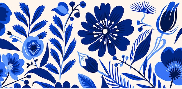 Patrón floral azul sobre fondo de crema en el estilo de Henri Matisse Stencils Simbolismo tropical