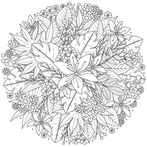 Vector patrón floral blanco y negro para colorear libro en estilo doodle bueno para la terapia de arte