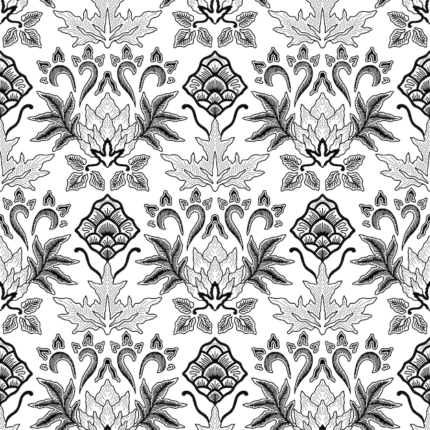 un patrón floral blanco y negro con un diseño floral