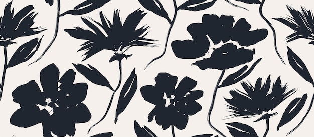 Un patrón floral en blanco y negro con flores y hojas.