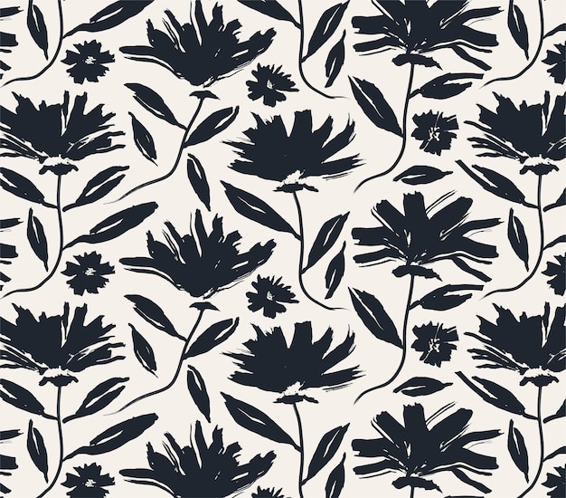 Un patrón floral en blanco y negro con hojas y flores.