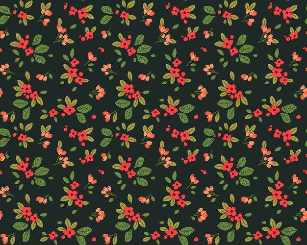 Patrón floral. Bonitas flores, fondo verde oscuro. Estampado con pequeñas flores rojas. Impresión Ditsy.