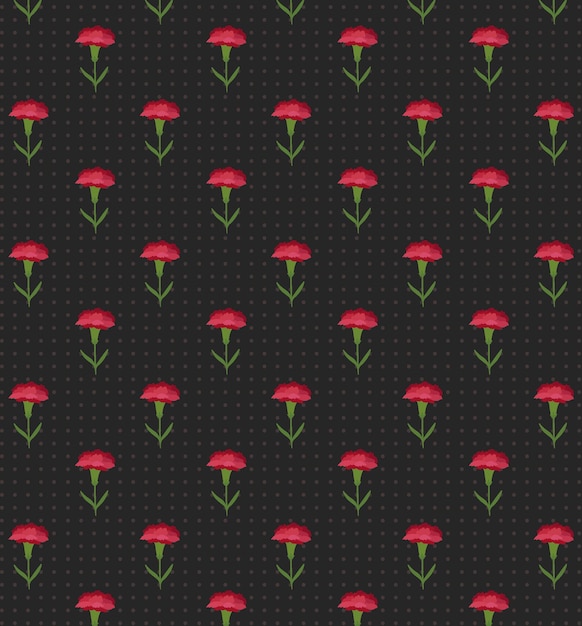 Patrón floral clásico sin costuras de cabezas de flores de clavel rojo sobre fondo negro con lunares Diseño de superficie romántico sin fin para ropa y papel