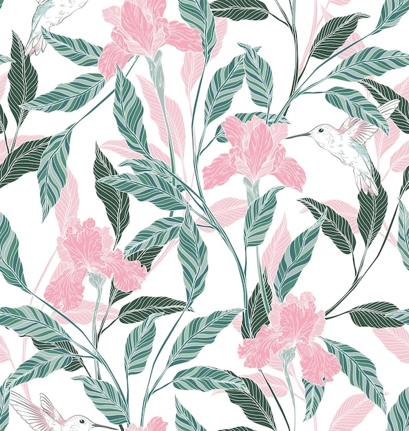 Vector patrón floral con colibrí vector gratuito