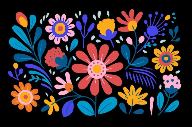 Un patrón floral colorido con flores sobre un fondo negro.