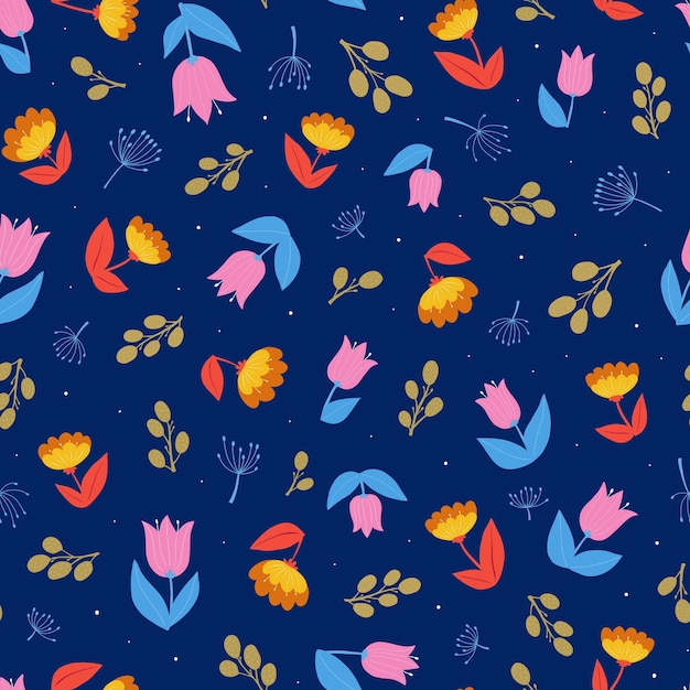 Vector patrón floral sin costura con con flores abstractas ramas y hojas sobre fondo azul oscuro