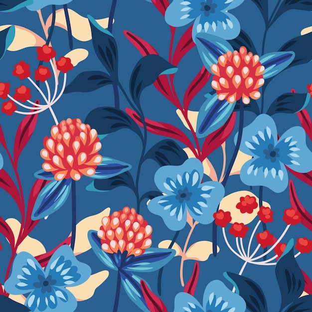 Patrón floral sin costuras con botánica decorativa de invierno Diseño botánico con plantas silvestres dibujadas a mano en colores fríos flores pequeñas hojas grandes ramitas sobre un fondo azul Ilustración vectorial