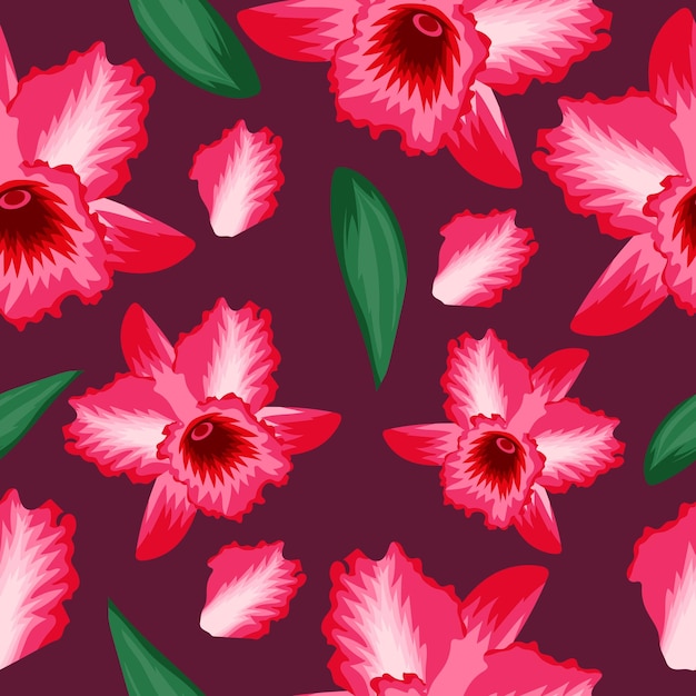 Patrón floral sin costuras de brotes de orquídea rosados abiertos y hojas verdes sobre fondo pastel para textiles