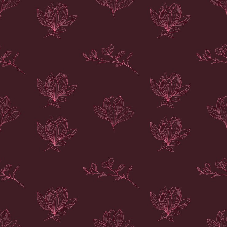 Vector patrón floral sin costuras con delicadas líneas artísticas de flores y ramas de magnolia en una espalda borgoña oscura