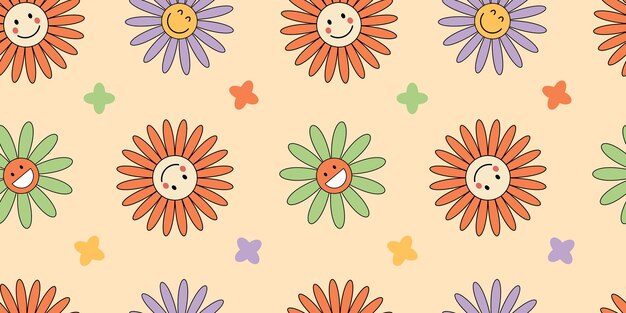 Patrón floral sin costuras con diferentes emociones de flores sonrientes Rostros de dibujos animados felices en colores brillantes