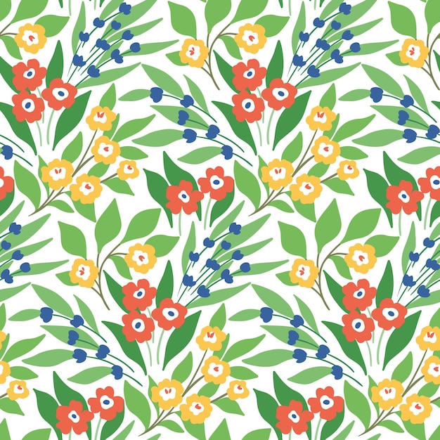 Patrón floral sin costuras estampa de flores con prado de primavera diseño bastante ditsy arreglo abstracto de plantas silvestres dibujadas a mano flores pequeñas ramas hojas verdes sobre un fondo blanco vector