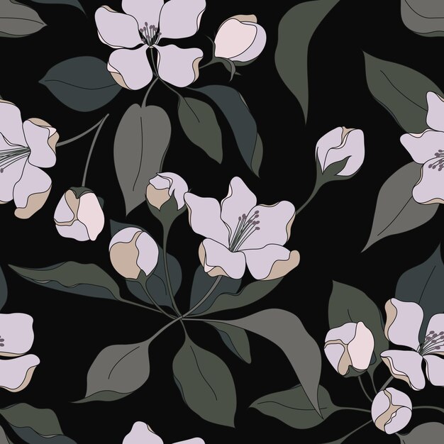 Patrón floral sin costuras Estampado botánico elegante con grandes flores en negro oscuro Vector