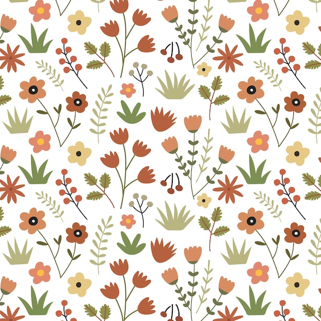Patrón floral sin costuras en estilo escandinavo flores plantas y hierba en diseño blanco dibujado a mano
