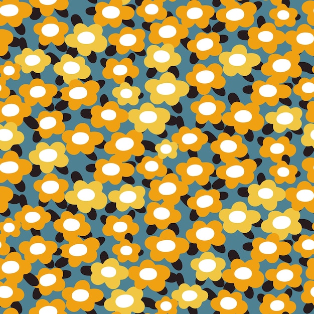 Patrón floral sin costuras de estilo retro patrón floral con prado de manzanilla amarillo impresión floral linda con pequeñas plantas dibujadas a mano flores de dibujos animados simples hojas sobre fondo azul ilustración vectorial