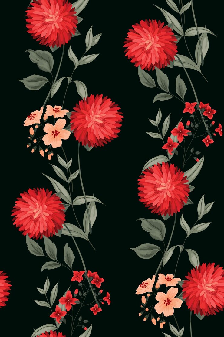 Patrón floral sin costuras con flores de aster rojo varias hojas ramas en un fondo negro Impresión floral elegante fondo floral moderno con plantas de acuarela Vector