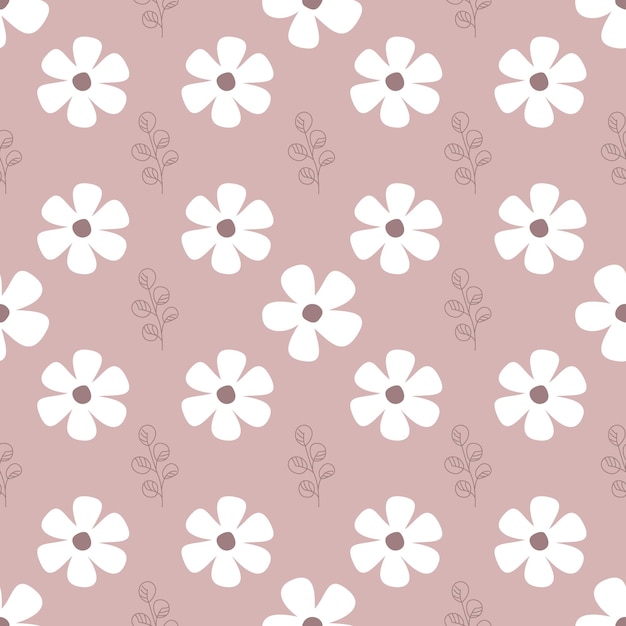 Patrón floral sin costuras con flores blancas abstractas y hojas elegantes sobre fondo marrón