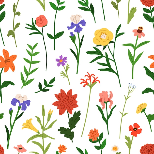 Patrón floral sin costuras Flores en flor diseño botánico de fondo sin fin Flores de verano impresión de textura de jardín para papel tapiz de tela y papel de envoltura Ilustración vectorial plana de colores