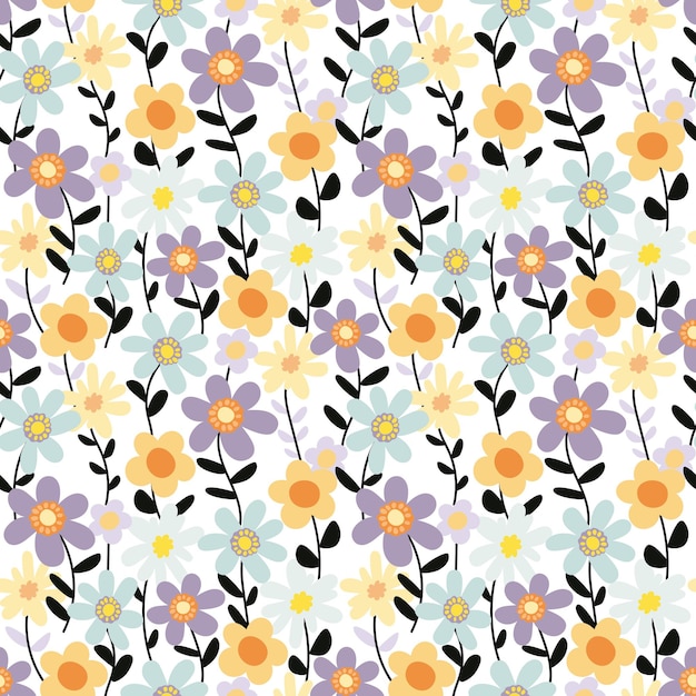 Patrón floral sin costuras con flores y hojas sobre un fondo blanco Ilustración vectorial