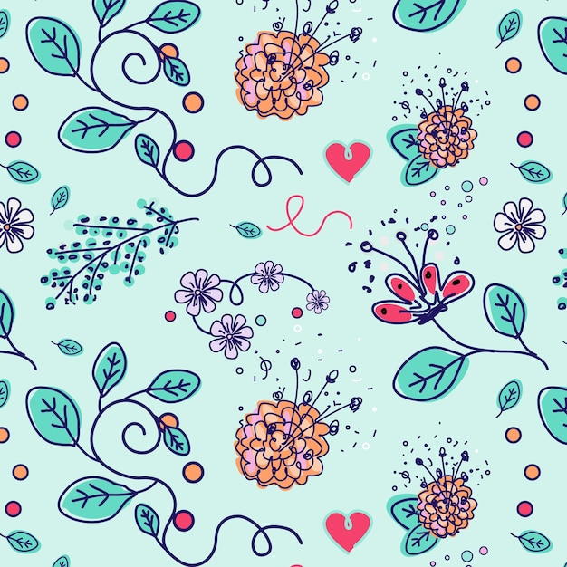 Patrón floral sin costuras con flores y mariposas Ilustración vectorial