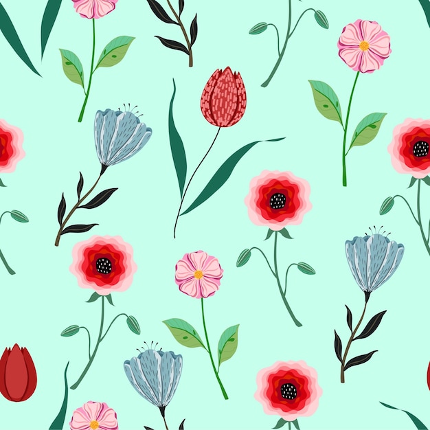 Patrón floral sin costuras con flores minimalistas en un fondo de lechuga Flores rojas y azules
