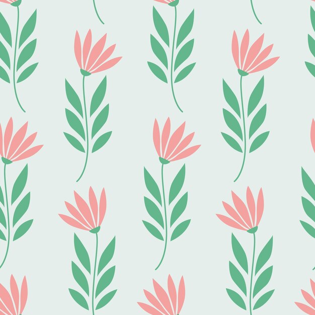 Patrón floral sin costuras con flores de pétalos rosados y hojas verdes sobre un fondo claro
