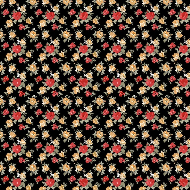 Patrón floral sin costuras con flores rojas y amarillas en fondo negro para tela y textil Desi