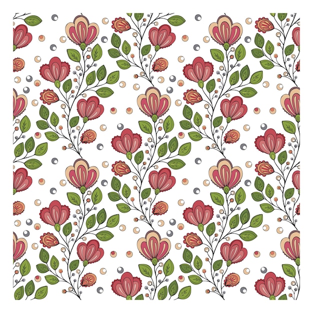 Patrón floral sin costuras con flores rojas estilizadas hojas verdes y puntos esparcidos en un fondo