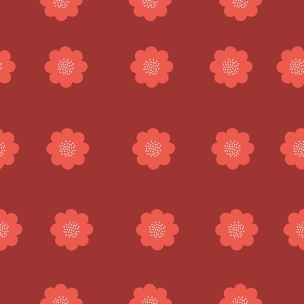 Patrón floral sin costuras con flores rojas simples sobre un fondo rojo oscuro minimalista y elegante