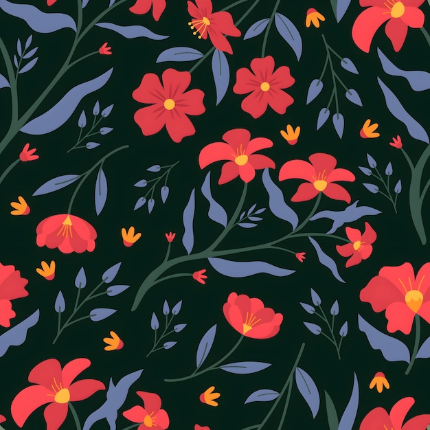 Patrón floral sin costuras con flores rojas sobre un fondo oscuro