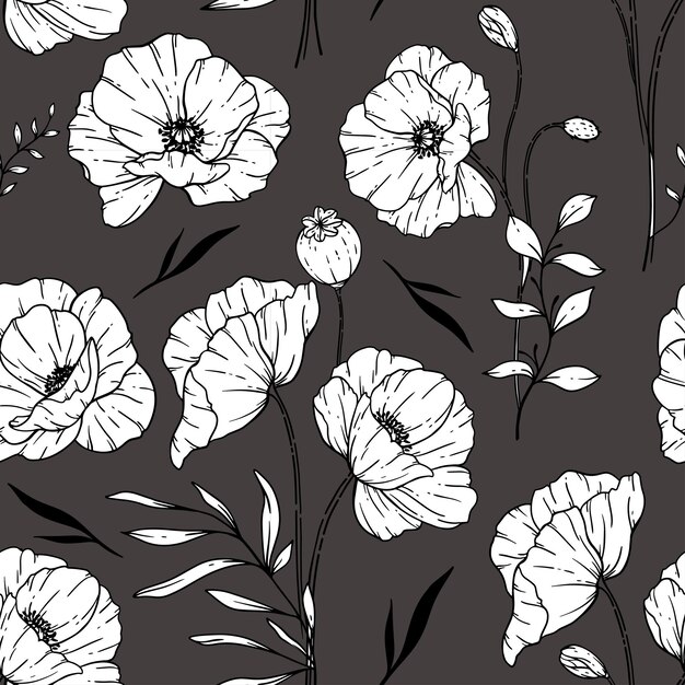 Patrón floral sin costuras Fondo de flores de amapola Flores de amapola y vegetación arte de líneas dibujado a mano