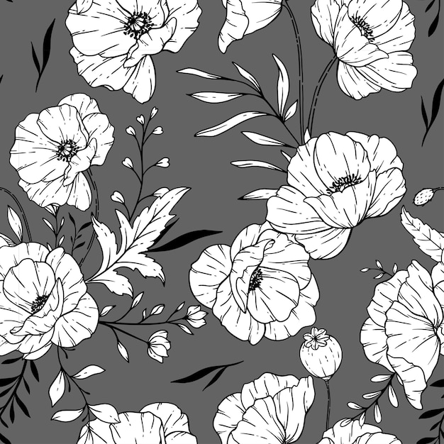 Patrón floral sin costuras Fondo de flores de amapola Flores de amapola y vegetación arte de líneas dibujado a mano