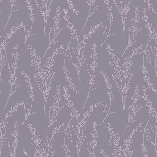 Patrón floral sin costuras con fondo de lavanda Fondo ecológico Arte de línea dibujado a mano de lavanda