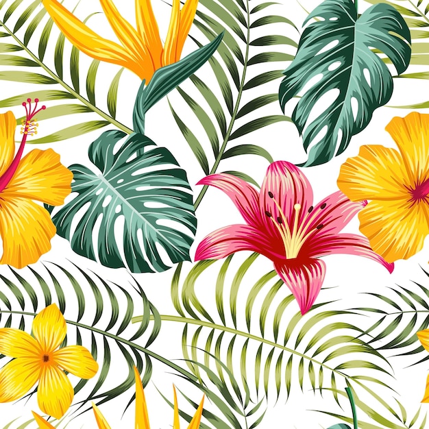Patrón floral sin costuras con hojas de fondo tropical
