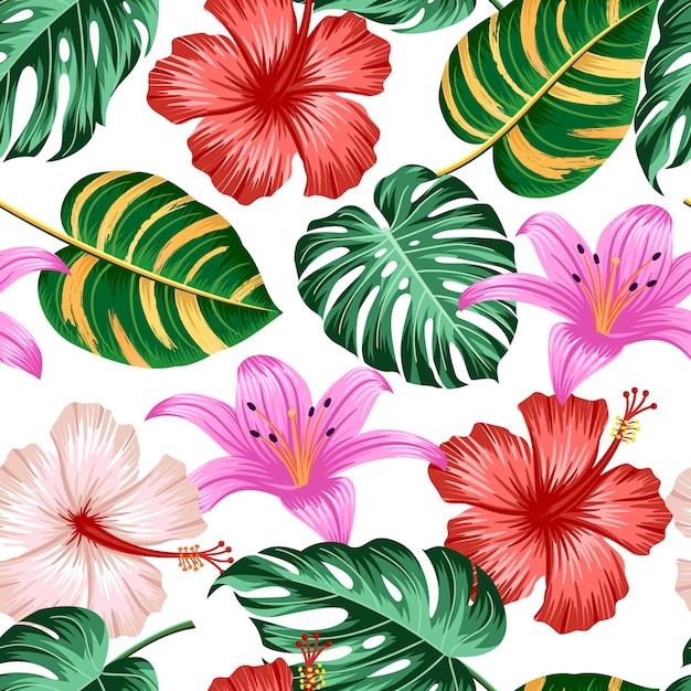 Patrón floral sin costuras con hojas de fondo tropical