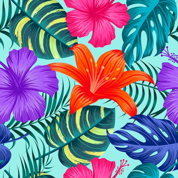 Patrón floral sin costuras con hojas de fondo tropical