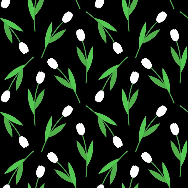 Patrón floral sin costuras Ilustración vectorial de tulipanes blancos sobre un fondo oscuro