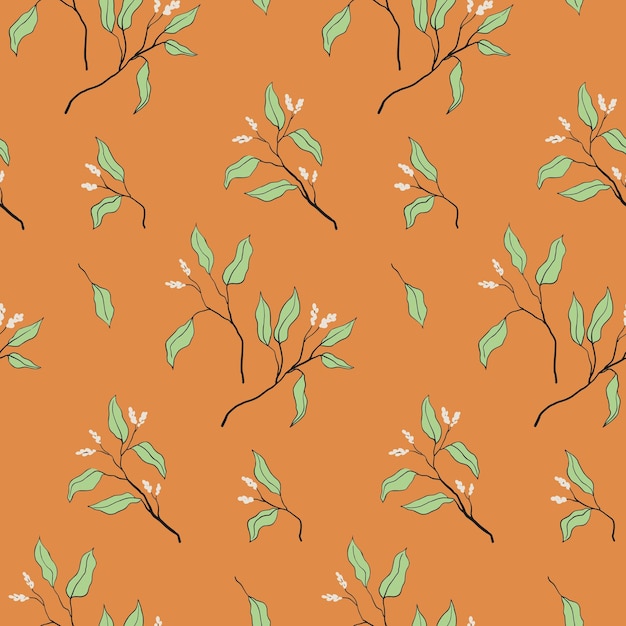 Patrón floral sin costuras impresión botánica gráfica con ramas en flor dibujadas a mano composición botánica abstracta de ramas con pequeñas flores hojas de primavera en un fondo amarillo imagen vectorial