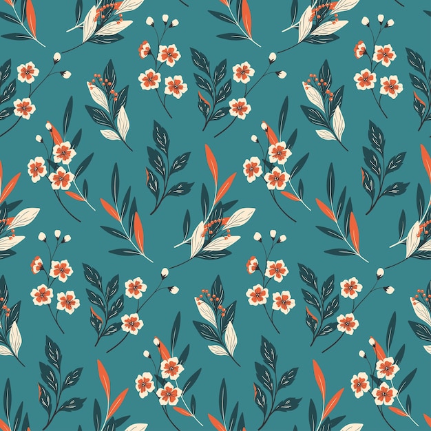 Patrón floral sin costuras impresión decorativa ornamento popular con plantas silvestres diseño botánico vintage en colores de invierno pequeñas flores ramas hojas hierbas en un fondo azul ilustración vectorial